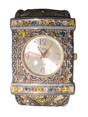 Vivani Quartz Watch Wide Cuff Bracelet Multicolor Crystal Boho Statement